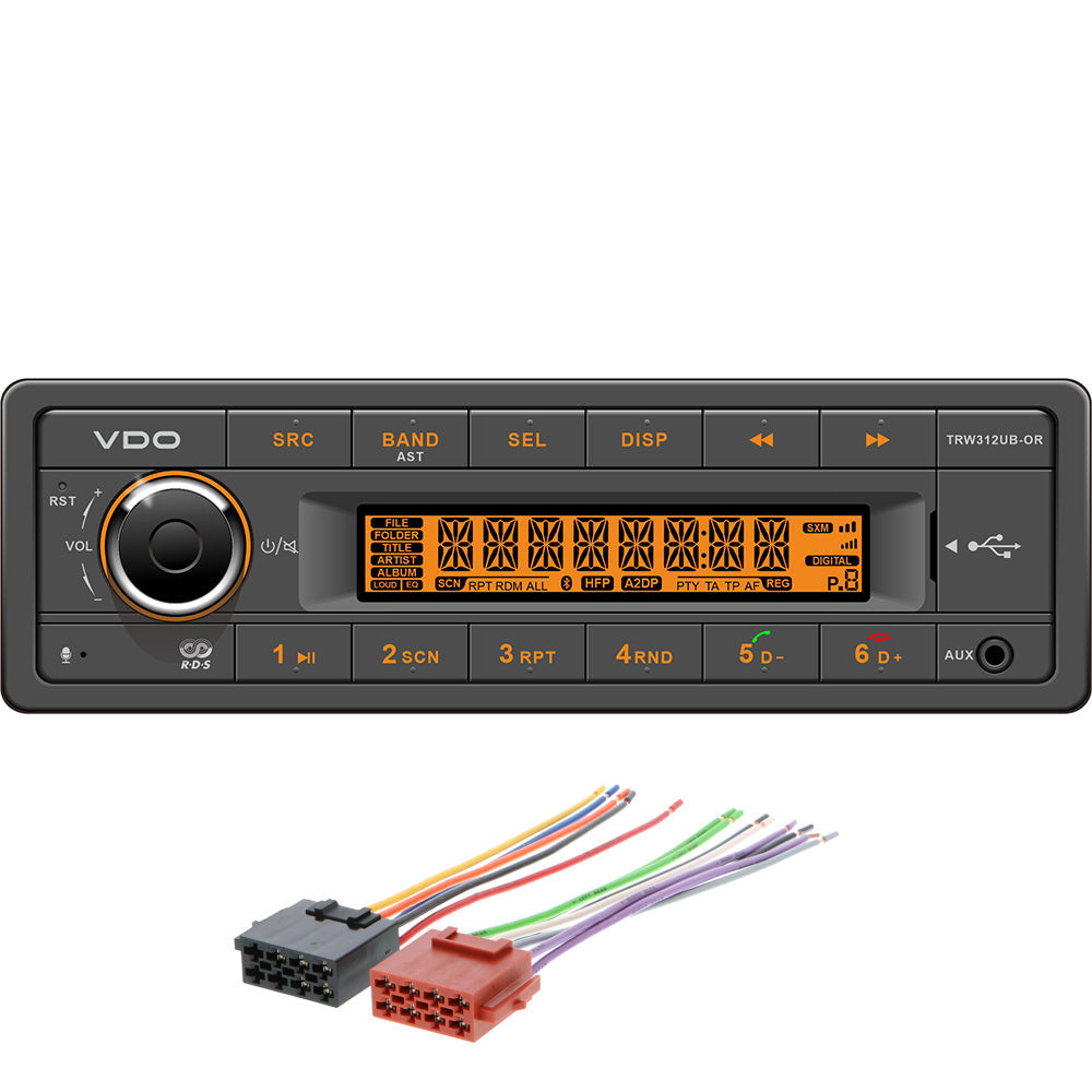 VDO 12V Radio w/FM RDS Tuner MP3/WMA/USB/Bluetooth - Orange Illumination - Includes Power Speaker Wire Harness [TRW312UB-ORK] VDO