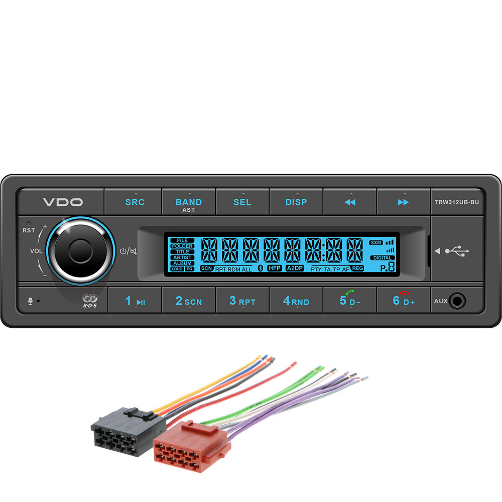 VDO 12V Radio w/FM RDS Tuner MP3/WMA/USB/Bluetooth - Blue Illumination - Includes Power Speaker Harness [TRW312UB-BUK] VDO