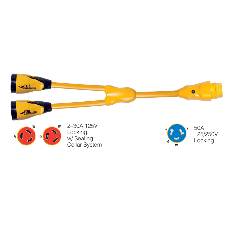 Marinco Y504-2-30 EEL (2)-30A-125V Female to (1)50A-125/250V Male "Y" Adapter - Yellow [Y504-2-30] - BuoyMart.com  Shore Power Marinco