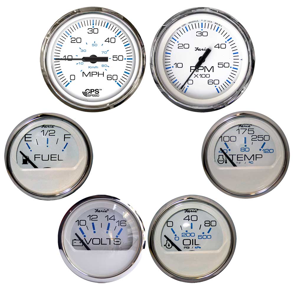 Faria Chesapeake White w/Stainless Steel Bezel Boxed Set of 6 - Speed, Tach, Fuel Level, Voltmeter, Water Temperature  Oil PSI - Inboard Motors [KTF063] - BuoyMart.com  Gauges Faria Beede Instruments