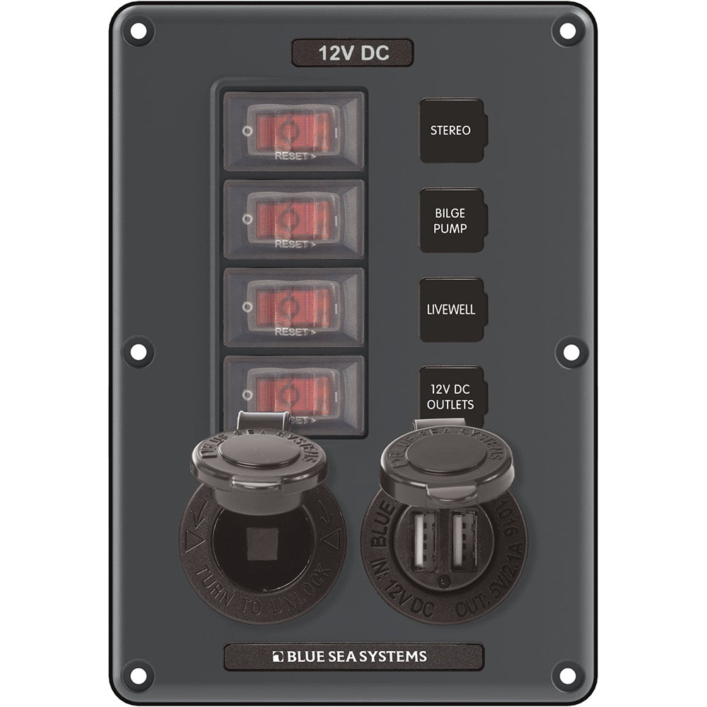 Blue Sea 4321 Circuit Breaker Switch Panel 4 Position - Gray w/12V Socket  Dual USB [4321] - BuoyMart.com  Electrical Panels Blue Sea Systems