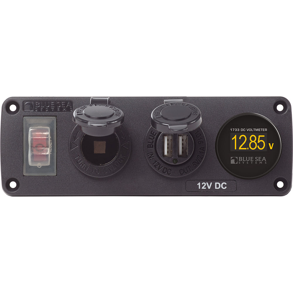 Blue Sea 4366 Water Resistant USB Accessory Panel - Circuit Breaker, 12V Socket, Dual USB Charger, Mini Voltmeter [4366] - BuoyMart.com  Accessories Blue Sea Systems