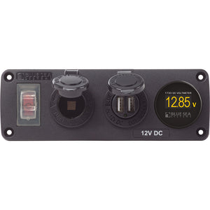 Blue Sea 4366 Water Resistant USB Accessory Panel - Circuit Breaker, 12V Socket, Dual USB Charger, Mini Voltmeter [4366] - BuoyMart.com  Accessories Blue Sea Systems