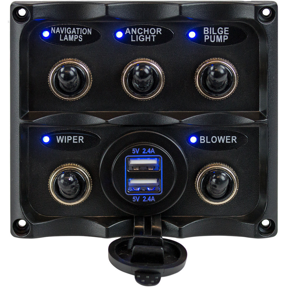 Sea-Dog Water Resistant Toggle Switch Panel w/USB Power Socket - 5 Toggle [424617-1] - BuoyMart.com  Electrical Panels Sea-Dog