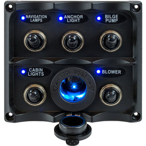 Sea-Dog Water Resistant Toggle Switch Panel w/LED Power Socket - 5 Toggle [424627-1] - BuoyMart.com  Electrical Panels Sea-Dog