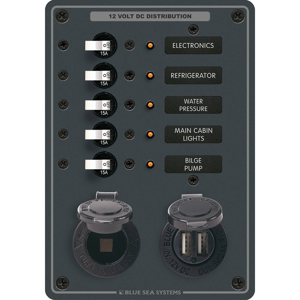 Blue Sea 8120 - 5 Position 12V Panel w/Dual USB  12V Socket [8120] - BuoyMart.com  Electrical Panels Blue Sea Systems