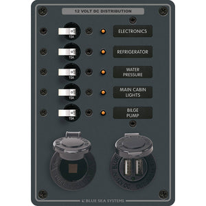 Blue Sea 8120 - 5 Position 12V Panel w/Dual USB  12V Socket [8120] - BuoyMart.com  Electrical Panels Blue Sea Systems