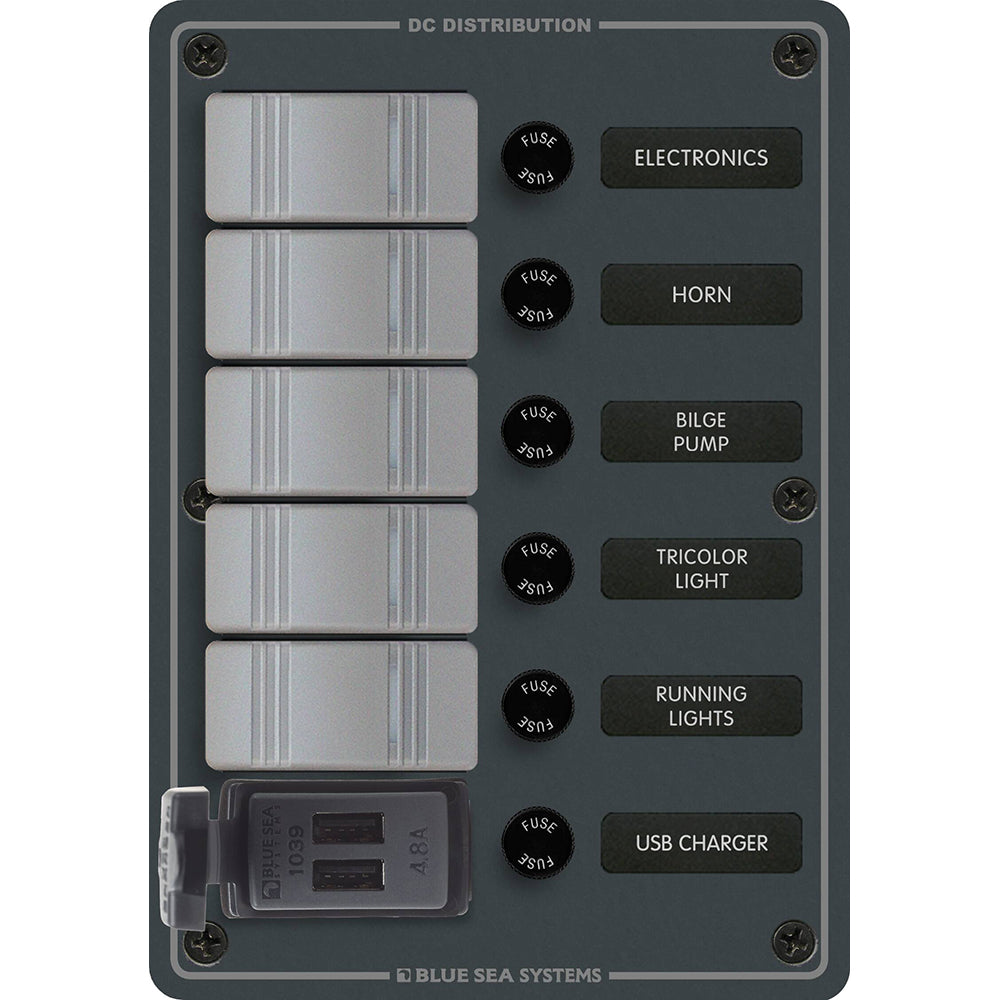 Blue Sea 8121 - 5 Position Contura Switch Panel w/Dual USB Chargers - 12/24V DC - Black [8121] - BuoyMart.com  Electrical Panels Blue Sea Systems