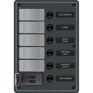 Blue Sea 8121 - 5 Position Contura Switch Panel w/Dual USB Chargers - 12/24V DC - Black [8121] - BuoyMart.com  Electrical Panels Blue Sea Systems