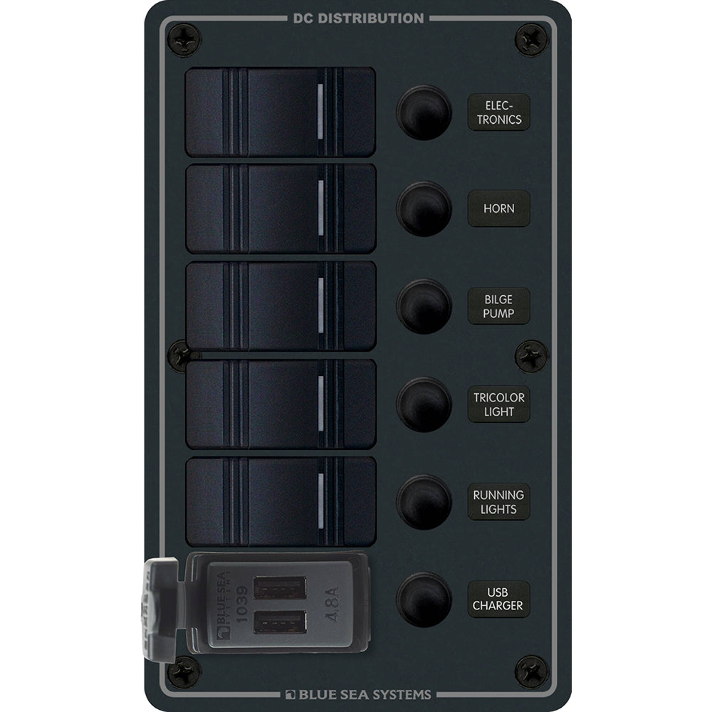 Blue Sea 8521 - 5 Position Contura Switch Panel w/Dual USB Chargers - 12/24V DC - Black [8521] - BuoyMart.com  Electrical Panels Blue Sea Systems