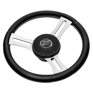 Schmitt Marine Torcello Elite 14" Wheel - Black Leather  Cap - White Stitching - Polished SS Spokes - 3/4" Tapered Shaft [PU085241] - BuoyMart.com  Steering Wheels Schmitt Marine