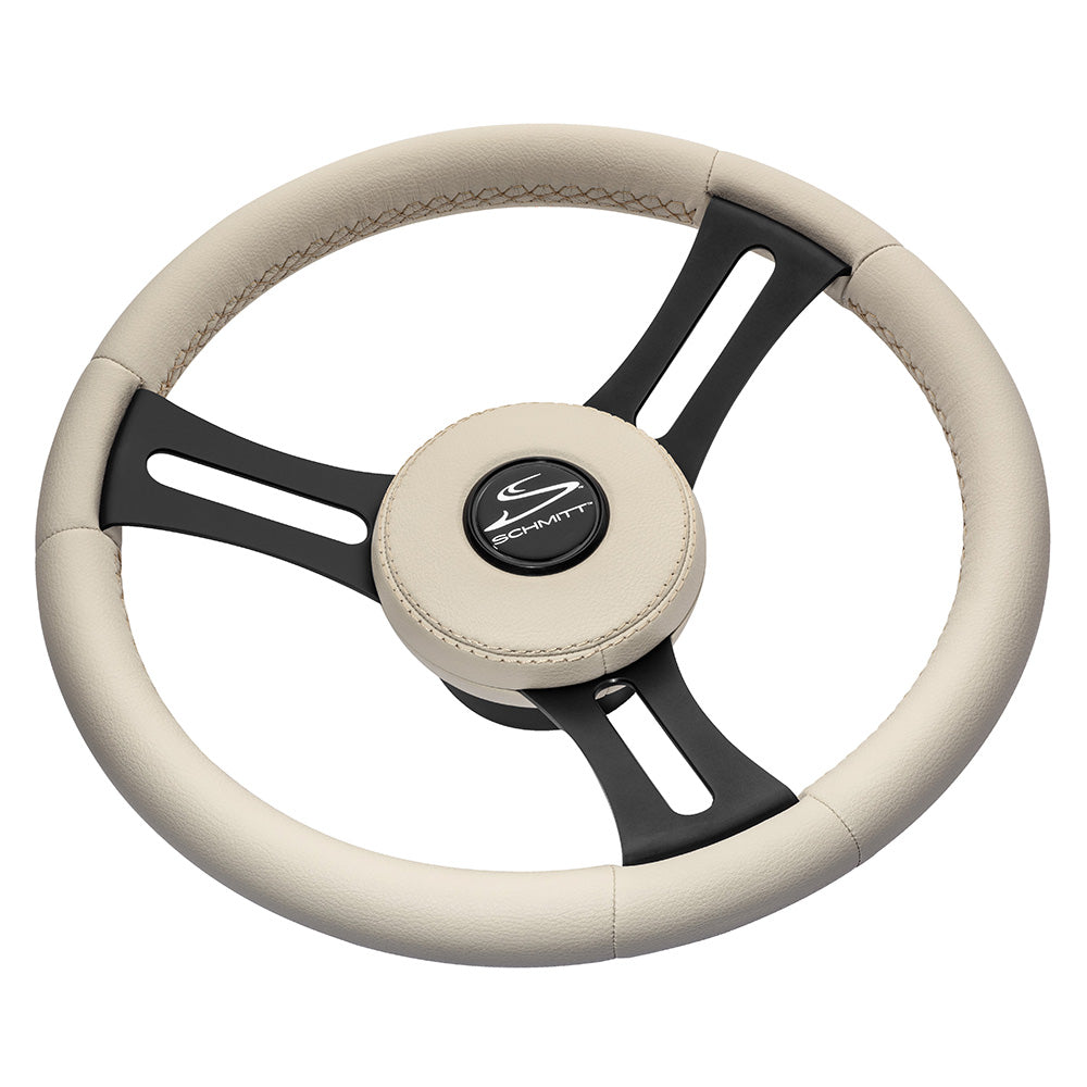 Schmitt Marine Torcello Elite 14" Wheel - Beige Leather  Cap - White Stitching - Black SS Spokes - 3/4" Tapered Shaft [PU081B11] - BuoyMart.com  Steering Wheels Schmitt Marine